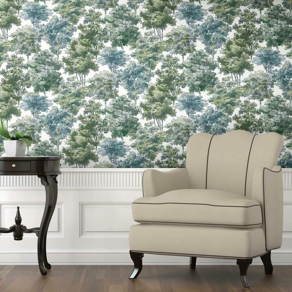 RoomMates RMK11615WP Old World Trees Green and Blue Peel and Stick Wallpaper, Green and Blue