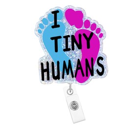 Arakulago I Love Tiny Humans NICU Badge Reel Retractable Labor and Delivery Funny Medical Assistant Nursing Badge Holder with ID Clip Accessories CNA RN Doctor Acrylic Name Badge Clip LP ID Card Ylj2