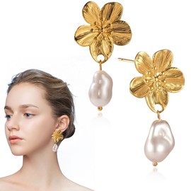 SIVZUMO 1 Pair of Flower Earrings, Large Gold, Flower Drop Earrings, Boho Statement Flower Earrings, Golden Flower Earrings, Hypoallergenic Fashion Jewellery for Women