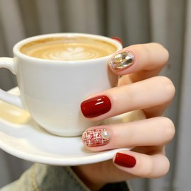 SURZON Nail Tips, Short, Red Check, Pearl Short, Cute, Double-Sided Tape, False Nails, Stylish, Simple, Coming-of-Age Ceremonies, Weddings, School Entrance Ceremonies, Graduation Ceremonies, 24 Pieces