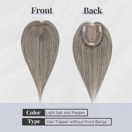 SEGOHAIR Hair Topper for Thinning Hair, Human Hair, 4 Clips, Silk Base 3.94x4.72, 14 Inches, Light Salt and Pepper Color, Style without Front Bangs, Achieve a Fuller, More Youthful Appearance