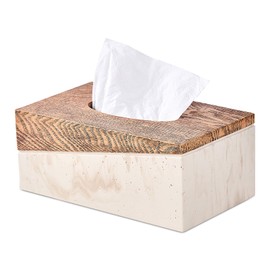 Rectangular Natural Travertine and Rustic Wood Textures Tissue Box Cover for Bathroom,Livingroom,Bedroom, Hand-Made Resin Wood Inlaid Travertine Tissue Box Holder,10 x 5.7 x 4.5 in