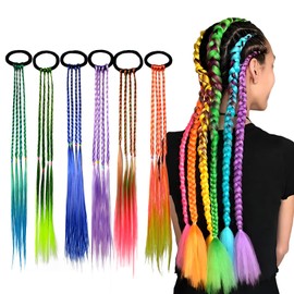 PQJSJDR 6pc Colored Hair Extensions for Kids,Crazy Hair Day Accessories for Girls with Rubber Bands Braided Synthetic Hairpieces Ponytail for Party Highlights & Cosplay Dress Up