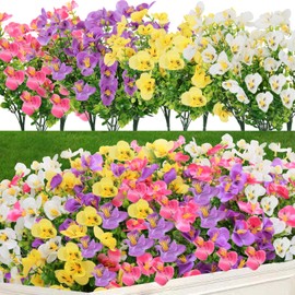 12 Bundles Fake Flowers Outdoor UV Resistance, Artificial Plants Pansies, Plastic Silk Faux Pansy for Garden Porch Yard Window Box, Spring Summer Decor (Purple Pink White Yellow)