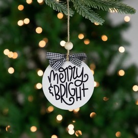 Wooden Merry & Bright Disc Christmas Ornament with Plaid Bow - 4" - Black and White