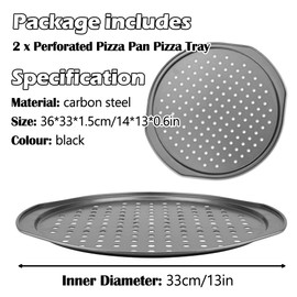 HMIEPRS Pack of 2 Pizza Trays, Non-Stick Pizza Tray with Holes and Handle, Carbon Steel Round Pizza Mould, Diameter 32 cm Pizza Baking Tray, Pizza Pans for Pizza, Kitchen, Oven, Baking, Pizza Baking