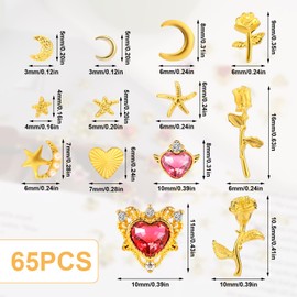 65pcs Gold Nail Charms Set, Alloy Rhinestones Nail Charms with Star Heart Rose Moon Decoration Accessories for Women Manicure