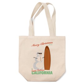 Lantern Press Santa Barbara, California, Merry Christmas from California, Snowman and Surfboard (100% Cotton Canvas Reusable Tote Bag)