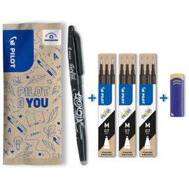 Pilot FriXion Ball Erasable Rollerball Pen, Black Colour + 9 Refills + FriXion Eraser