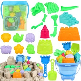 ERHAlCAT Beach Sand Toys, Dinosaur Fossil Molds, Sandbox Toys with Collapsible Bucket, Sand Castle Building Kit, Shovel, Rake and Mesh Bag, Outdoor Summer Travel Toys for Kids Ages 3-12