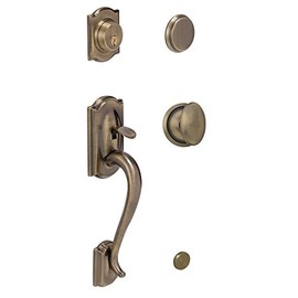 SCHLAGE Camelot Handleset with Siena Interior Knob in Antique Brass