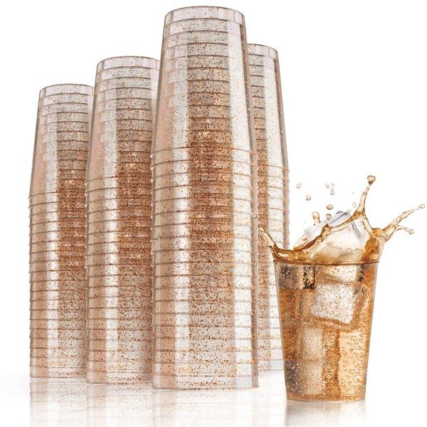 Exquisite 120 Count 10 oz Rose Gold Glitter Clear Plastic Cups Tumblers - Hard Plastic Disposable Cups For Wedding Glasses - Plastic Party Cups For Cocktail Wine and More.