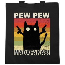 Shirtracer - Statement with saying - Pew Pew Madafakas cat vintage light - fabric bag made of cotton jute bag long handle, 1 black, Einheitsgröße
