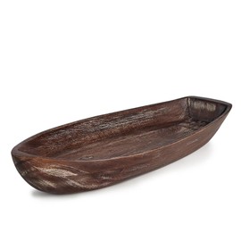 CAMLOT Rustic Wooden Serving Tray, Boat Shape Decorative Tray Vintage Centerpiece, Farmhouse Rustic Trays, Key Tray, Decorative Platter for Countertop Home Decorations- Distressed Brown。(Size M)
