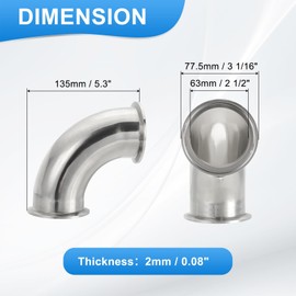 PATIKIL 90 Degree Elbow 2 1/2 "(63mm) Tube OD, 304 Stainless Steel Sanitary Pipe Fittings 2.5" Tri Sanitary Clamps 77.5mm Ferrule Flange OD for Dairy Beverage Plumbing Systems