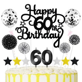 60th Geburtstag Kuchen Dekoration Kuchen Toppers Schwarz Zahl Kerzen Birthday Torten Dekoration Sternen Papierfächer Ballon Torte Toppers Kuchendeko für 60. Geburtstag Dekorationen Party Zubehör