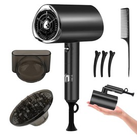 Secador de Pelo, 1800W Secadora de Cabello Iónico, Baja Potencia con Boquillas y Difusor para Rizos, Secadora de Pelo Portatil con Mango Plegable, 3 Temperaturas, 2 Velocidades (Negro)