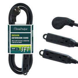 GreenProsper 3 Ft Flat Plug Extension Cord, 16 AWG 3 Prong Grounded Low Profile Extension Cable,3 Outlet Extension Wire for Indoor, Black