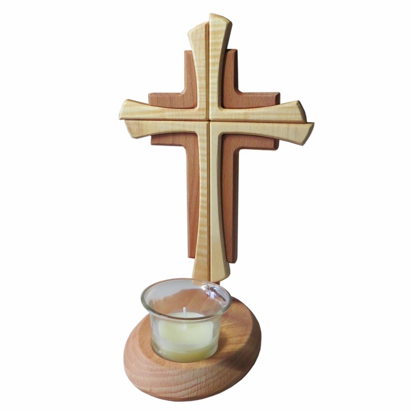 Tea Light Holder with Cross Beechwood in Modern Style