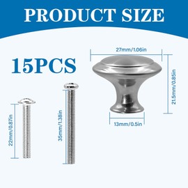 15PCS Cabinet Door Knobs, 27mm Diameter Metal Round Drawer Knobs Mushroom Draw Handles Cabinet Knobs Stainless Steel Wardrobe Door Knobs with 30 Screws Long and Short for Cupboard Wardrobe Furniture
