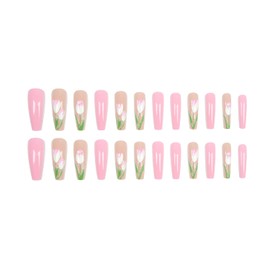 24 Pcs Press on Nails Long Coffin Fake Nails with 3D Flower Designs Stick on Nails Glossy Acrylic Nails Full Cover Pink Glue on Nails Cute Small Flowers False Nails for Women Manicure Art Decorations