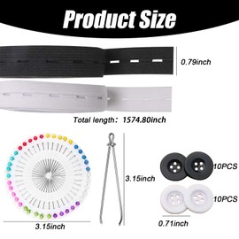 WUERKIYA Flat Sewing Band Spool with Buttonholes, 2 Roll 10 Yards Elastic Sewing Bands, 3/4 Inch Wide Elastic Band For Sewing with Pins & Ruler Ideal for DIY Waistbands and Necklines(Black & White)