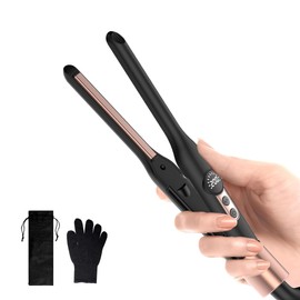 Mini Flat Iron Hair Straightener 1/3 Inch Pencil Flat Iron for Women Portable Travel Straightener and Curler 2 in 1 for Short Hair Beard and Pixie Cut with Adjustable Temp (Gold)