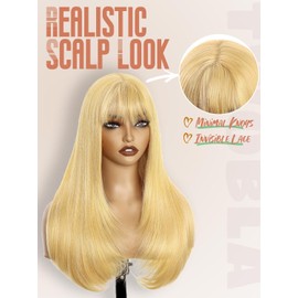 Blonde Glueless Lace Front Wig For Women | 26 Inch Long Straight Layered Synthetic Wig With Curtain Bangs | Heat Resistant, Wear & Go, No Glue Needed | Cosplay & Daily Use