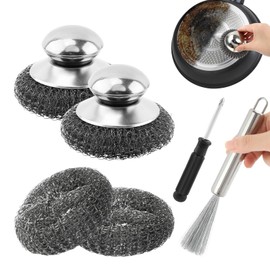 Steel Dishwashing Brush Sets,2 Pcs Round Ball Pot Brush and 1Pc Long Handled Pot Prush with Replacement Head for Cleaning Dishes Cast Iron Stock Pots Pans Griddles and Grills(COLOR:silver)