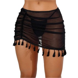 ZAFUL Women Beach Sheer Cover Ups Boho Mesh Bikini Ruched Tassel Skirt for Swimwear Black XL