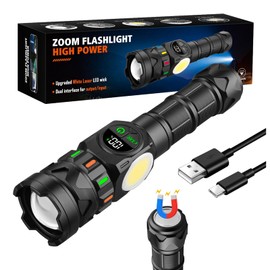 Rechargeable Flashlights High Lumens 5000 Long Distance, Super Bright LED Flash Lights with COB Sidelight USB C LCD Display, Dual Light Source & Buttons with Red Light, for Camping Hiking Emergency