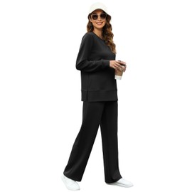 OFEEFAN Plus Size Lounge Sets for Women 2 Piece Outfits Fall Travel Tracksuit Wide Leg Sweatsuit Airport Loungewear Winter Long Sleeve Track Suit Women's Vacation Clothes Clothing Black 3XL