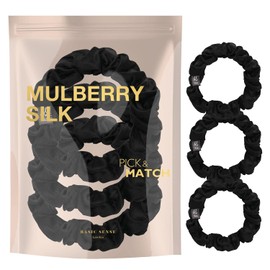 BasicSense Silk Hair Scrunchies Luxurious Mulberry Hair Tie - Skinny Scrunchy Set of 3pcs, Black