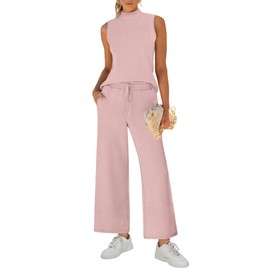 ANRABESS Women 2 Piece Outfits Summer Lounge Sets Mock Neck Top Wide Leg Pants Casual Fashion Tracksuit 2024 Travel Clothes Light Pink Medium