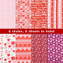 Valentine's Day Fabric,8 PCS 8 Designs Cotton Sewing Fabric Squares, Love Heart Floral Fat Quarters Quilting Fabric Bundles Material for Valentine's Day Wedding Decorative Sewing DIY Fabric Crafts