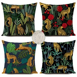 KUNQIAN Jungle Cushion Covers Outdoor Waterproof Tropical Leopard Animal Double-Sided Pattern Throw Pillow Cover Set of 4 18x18 inch Home Decorative for Patio