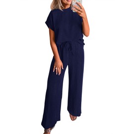 KIRUNDO Summer Sets Women 2 Piece Outfits Casual Ribbed Knit Short Sleeve Tops Wide Leg Pants Lounge Set Travel Tracksuit(Navy, Large)