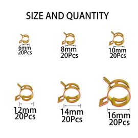 Rrina 120Pcs Fuel Silicone Vacuum Hose Spring Band Type Action Pipe Clamp Low Pressure Air Clip Clamp Assortment Kit, 6 Sizes(6mm 8mm 10mm 12mm 14mm 16mm)