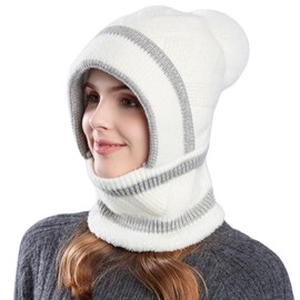 Women Winter Knit Fleece Balaclavas Hat with Face Shield Beanie Ski Neck Scarf Cold Weather