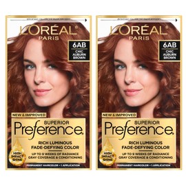 L'Oreal Paris Superior Preference Luminous Fade-Defying Permanent Hair Color, Hair Dye For Up to 9 Weeks of Radiance, Chic Auburn Brown 6AB, 1 Hair Dye Kit (Pack of 2)