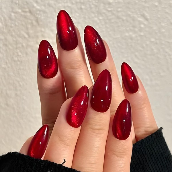 Red Press on Nails Almond Medium Red Cat-Eyes Nails Press