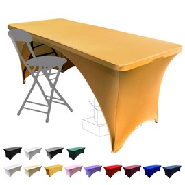 Dololoo Stretchable Tablecloths 6ft for Rectangle Tables with Open Back, Fitted Spandex Rectangular Patio Table Covers, Wedding, Party, Kitchen, Beauty Event Decoration- Golden