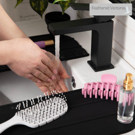 FEATHERED VENTURES Bathroom Sink Cover for Counterspace - 2 Piece Roll up Silicone Beauty Mat, Heat Resistant for hot tools, Sink Topper Bathroom Countertop organization, Travel Bag (Black)