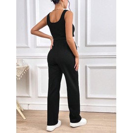 OYOANGLE Women's Maternity 2 Piece Pajamas Set Rib Knit Sleeveless Crop Tank Top and Drawstring Waist Pants Loungewear Black M