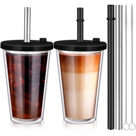 Honeydak 2 Pack 16oz Reusable Iced Coffee Cups with Lids Leakproof and Double Wall Insulated Plastic Iced Coffee Tumbler with 2 Straws and Straw Cleaner(Black)