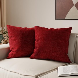 Encasa Homes Chenille Cushion Covers 2 pcs Set - Scarlet Red - 60 x 60 cm Textured Solid Colour, Soft & Smooth, Square Accent Decorative Cushion for Couch, Sofa, Chair, Bed & Floor