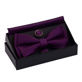 Bow Ties For Men Purple Pre-tied Solid Bow Tie Adjustable Bowtie and Pocket Square Cufflink Sets (UK0577-04)