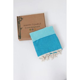 Happy Towels Hammam Towel, Bath Towel, Sauna Towel, Extra Long & Soft Woven, 210 cm x 95 cm, 60% Tencel™ Lyocell and 40% Cotton, Fairtrade (Turquoise Blue and White, 1)