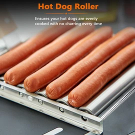 KAYCROWN Hot Dog Roller for Grill Stainless Steel BBQ Hot Dog Grill Roller with Wooden Handle, Sausage Roller Rack for Evenly Cooked Hot Dogs, 4 BBQ Skewers Included, 5 Hot Dog Capacity, Large