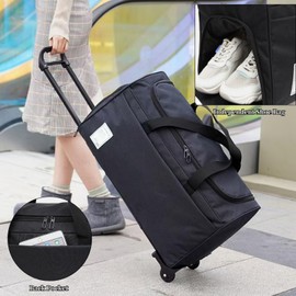 Rolling Duffle Bag with Wheels, 45L 22” Folding Travel Duffel Bag Soft-Sided with 2 Wheels, Waterproof Carry-On Large Travel Bag Men/Women Multiple Pockets for Trip Business Fitness Black